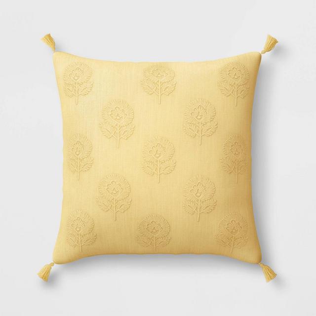 18"x18" Embroidered Floral Square Throw Pillow with Tassels Yellow - Threshold™