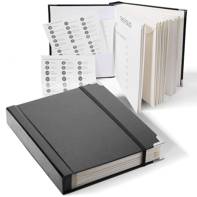 The Folio Document Organizer,Important Document Organizer| Extra Thick Paper,Hard Cardboard Cover,Durable Binder for Office and Home,Birth Certificates, Social Security Cards, Passports (Black)