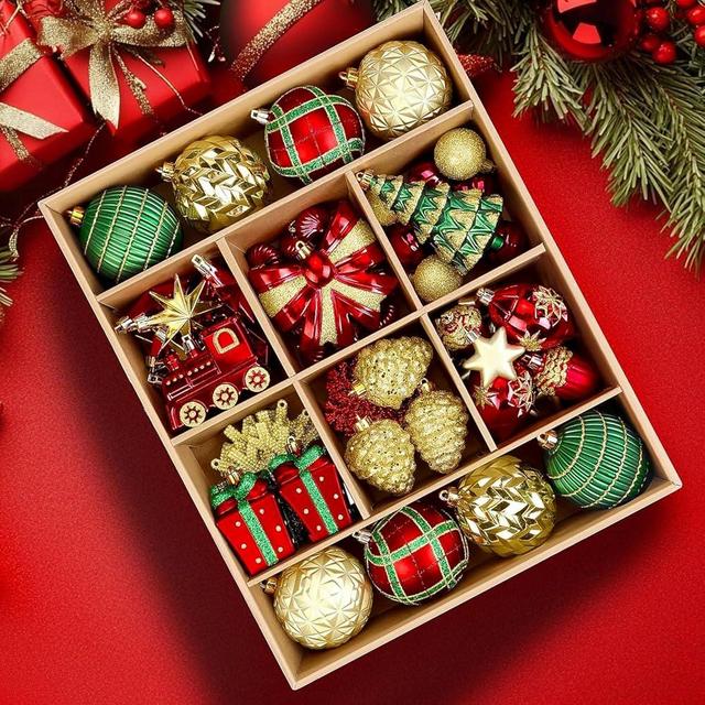 Alupssuc 82pcs Christmas Balls Ornaments, Delightful Classic Gift Set, Shatterproof Plastic Decor for Xmas Tree Holiday Wedding Party Decorations with Hanging Strings, Gold, Red and Green