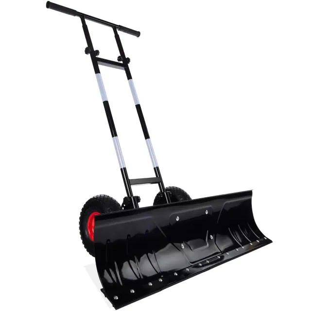 Best Choice Products 36in Hand Snow Pusher w/ 2 Wheels, Adjustable Handle, Blade Angle, Reflective Tape - Black