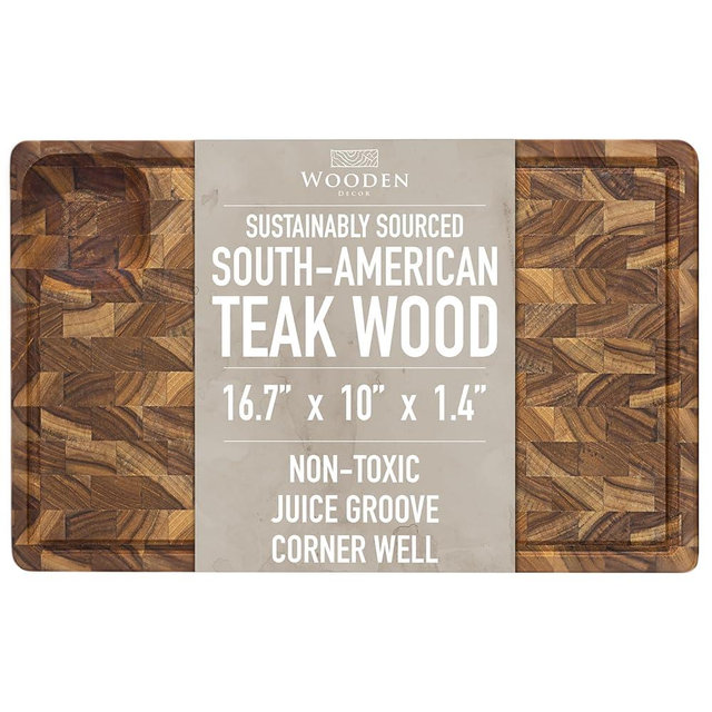 Wooden Decor, Teak Cutting Board for Kitchen (Large) – Thick Butcher Block with Juice Groove & Corner Well, Charcuterie Board, Food-Safe, Gift-Ready, 16.7 x 10 x 1.4 in