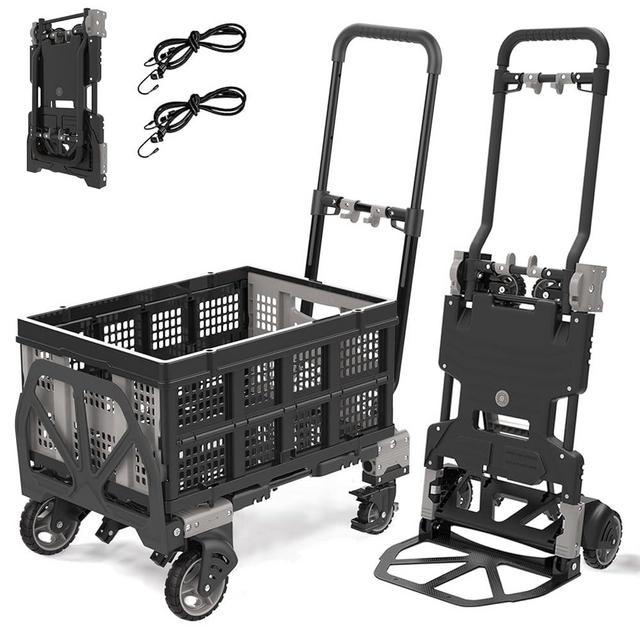 2 in 1 Folding Hand Truck Dolly with Basket（Four-Wheeled Flatbed Truck 330 LBS,Two-Wheeled cart 220LBS） Folding Dolly Cart with Wheels,Folding Hand Truck Dolly Cart
