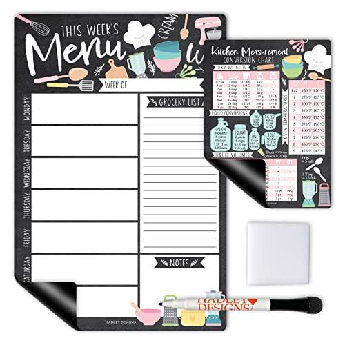 Hadley Designs Doodle Magnetic Weekly Meal Planner Dry Erase Board for Refrigerator-Magnetic Meal Planner, Weekly Dinner Menu Board for Kitchen Conversion Chart Magnet, Grocery List