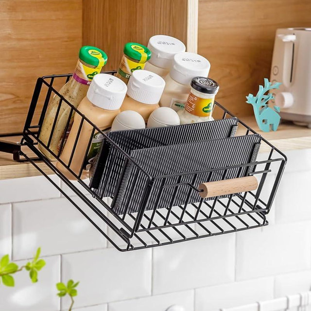 Baffect Pull-Down Cabinet Organizer, 20° Sloping Drop Down Spice Rack with 2 Adjustable Dividers, Heavy-Duty Sliding Out Storage Basket for Pantry/Cupboard/Upper Cabinet (Metal, Black)