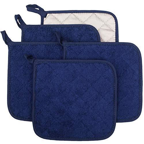 Lifaith 100% Cotton Kitchen Everyday Basic Terry Pot Holder Heat Resistant Coaster Potholder for Cooking and Baking Set of 5 Dark Blue
