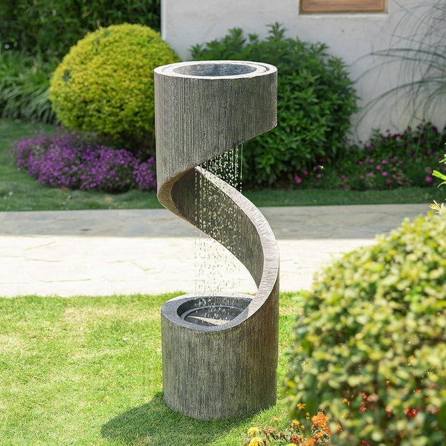 Glitzhome Decorative Tiered Outdoor Water Fountain with LED Light Vintage Curved Waterfall Fountain with Stone Planter Rustic Decor for Garden Patio Deck Porch, 40”H