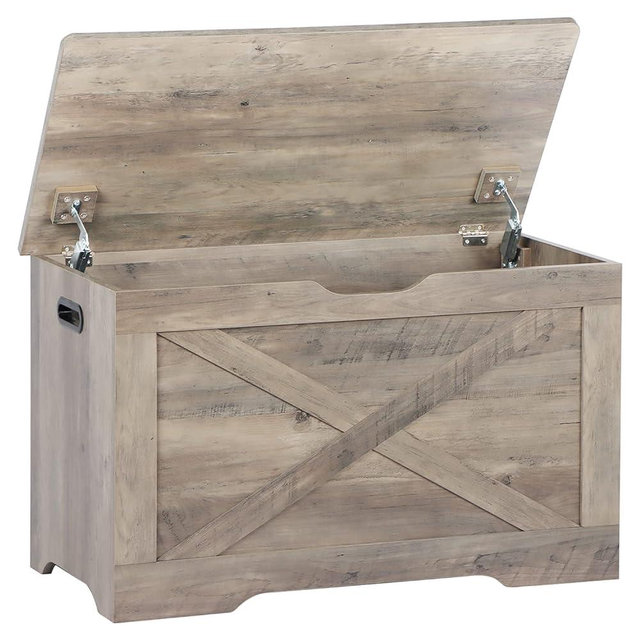 Timberer Storage Chest, Wooden Storage Bench, Entryway Shoes Bench with 2 Safety Hinges, Retro Storage Trunk for Living Room,Bedroom, 15.7 x 31.5 x 18.9 Inches, Grey