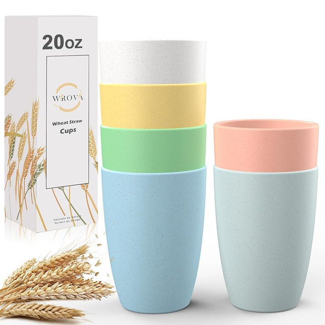 Wrova unbreakable wheat straw cups 20oz set of 6 with textured pattern anti slipping,large plastic drinkings cups microwave safe and dishwahser safe.6-Mixed-Colors