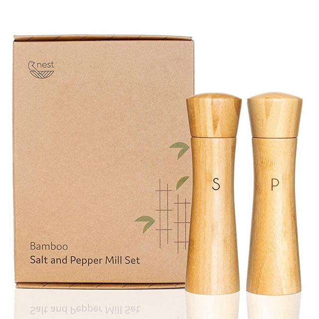 Wooden Salt and Pepper Grinder Set | Organic Bamboo | Refillable | Adjustable Grain Size | BPA Free | Salt and Pepper Mill Set | 7.75" Set of 2