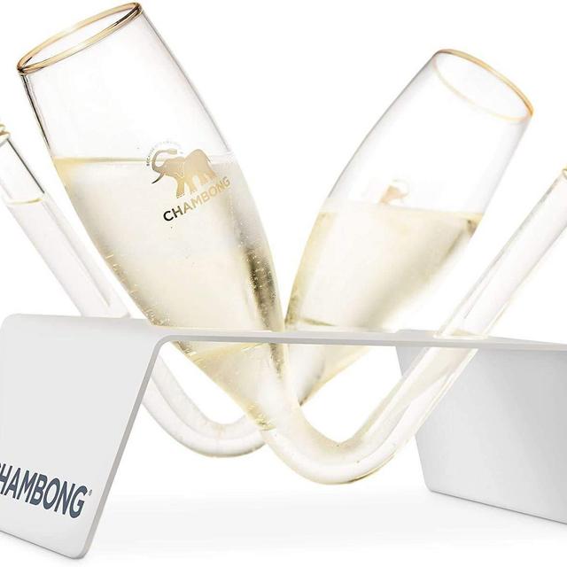 CHAMBONG - Champagne Flute Party Set - 2 Glass Champagne Shooters (6 oz) 1 White Metal Flute Holder (Holds 2) - Perfect for Bachelorette Party Favors, Engagement Gifts White Elephant Gifts