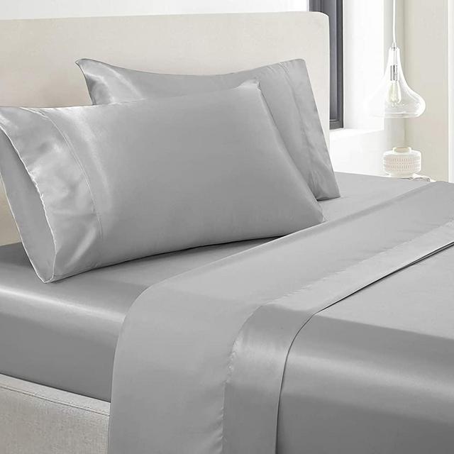 Vonty Satin Sheets King Size Silky Soft Satin Bed Sheets Silver Grey Satin Sheet Set, 1 Deep Pocket Fitted Sheet + 1 Flat Sheet + 2 Pillowcases