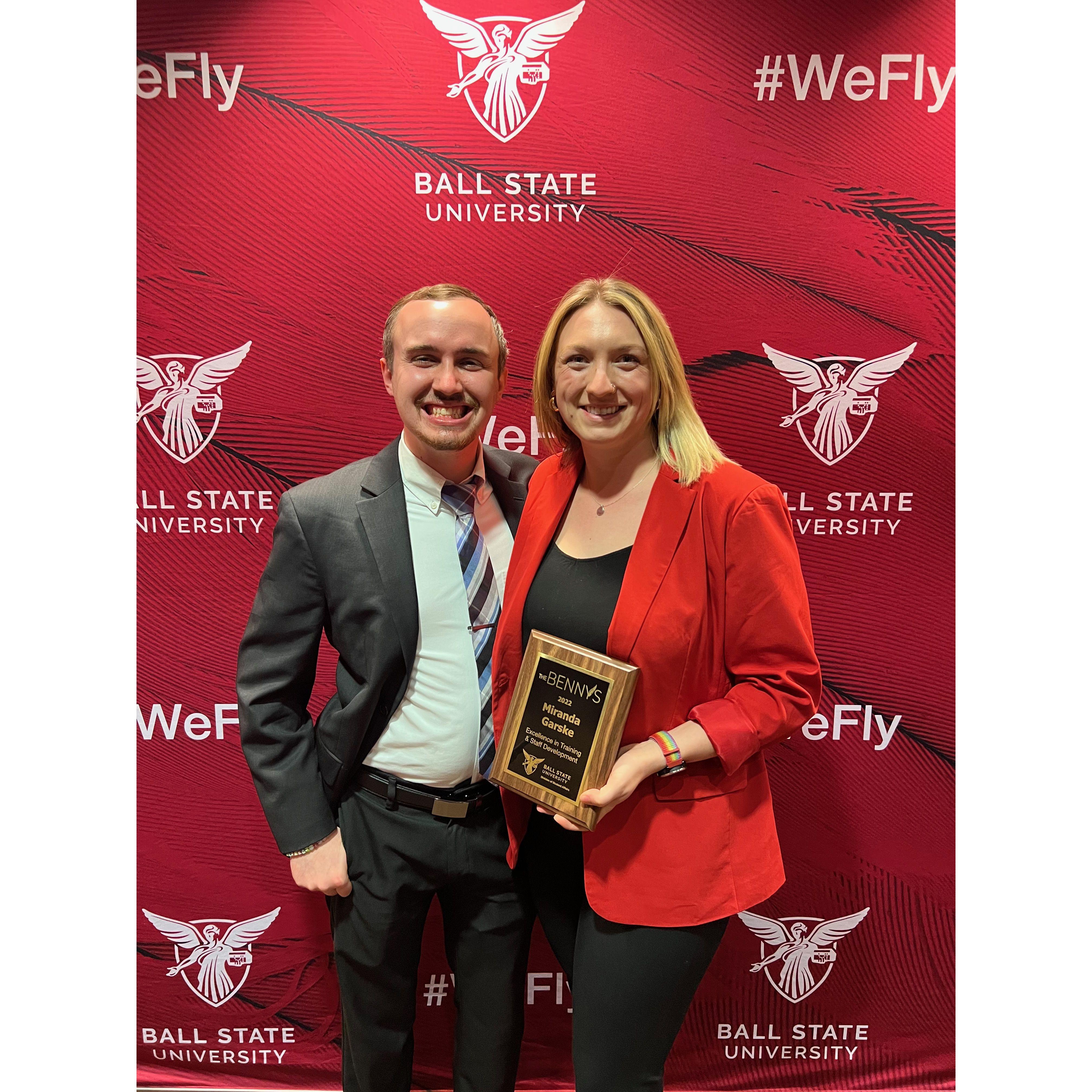 Randa winning an award at Ball State's Student Affairs event