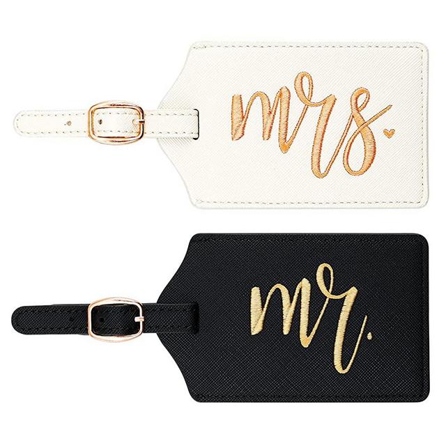 CHOIEO Mr and Mrs Luggage Tags, Bridal Shower Gift Honeymoon Gifts Wedding Gifts for Bride, PU Leather Travel Tags with Name ID Address Card (White&Black)