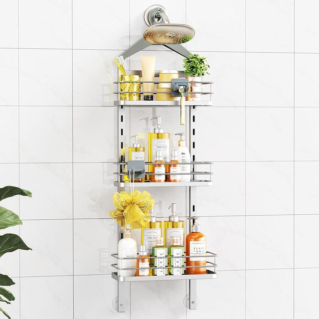 ODesign 3 Tier Height-Adjustable Shower Caddy Hanging Anti-Swing-Over The Shower Head Caddy-Storage Organizer Bathroom Shelves Basket-Silver