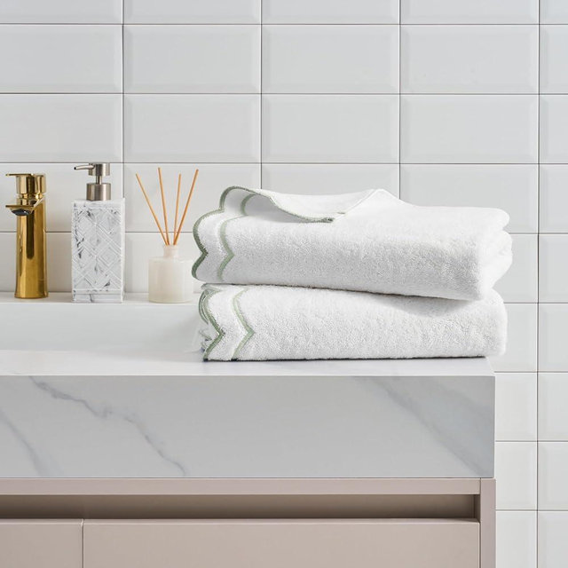 Peri Home 2 Piece Bath Towel Set, 500 GSM, 100% Cotton Towel for Bathroom, Embroidered, Soft & Absorbent, White with Sage Scallop
