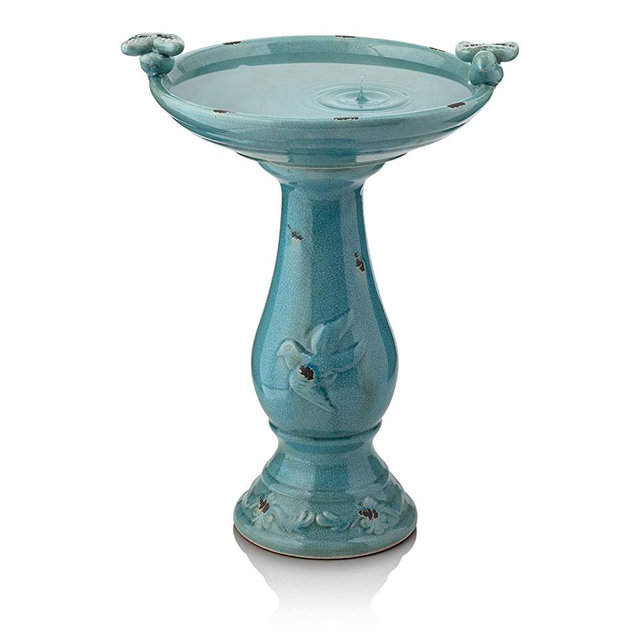 Alpine Corporation TLR102TUR Alpine Pedestal Bath with 2 Figurines-Turquoise Antique Ceramic Birdbath with Birds, 24 Inch Tall, 24"