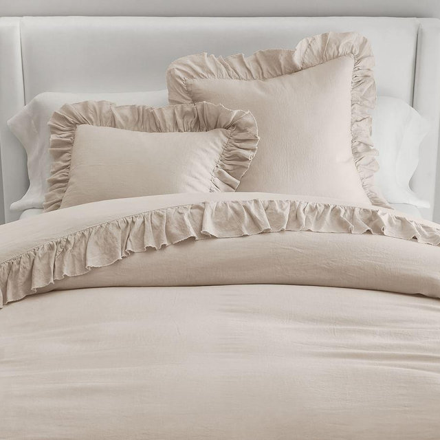 Belgian Flax Linen Fringe Ruffle Duvet Cover, King/Cal. King, Rosewater