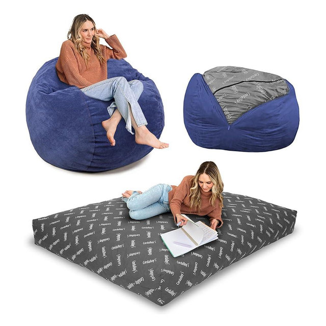 CordaRoy's Corduroy Bean Bag-Convertible Bean Bag Chair&Bed-Machine-Washable Corduroy Fabric Cover-for Basement,Living Room,Game Room,Dorm&More - Full Size - Navy | Made in The USA