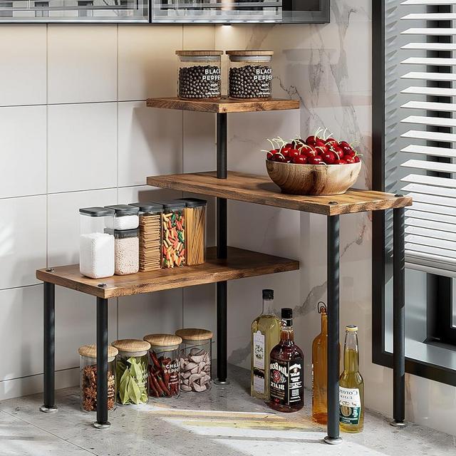 Dazioter Countertop Organizer Organization 3 Tier Kitchen Corner Shelves Adjustable Spice Storage Rack for Bathroom Coffee Area Over Sink (Black)