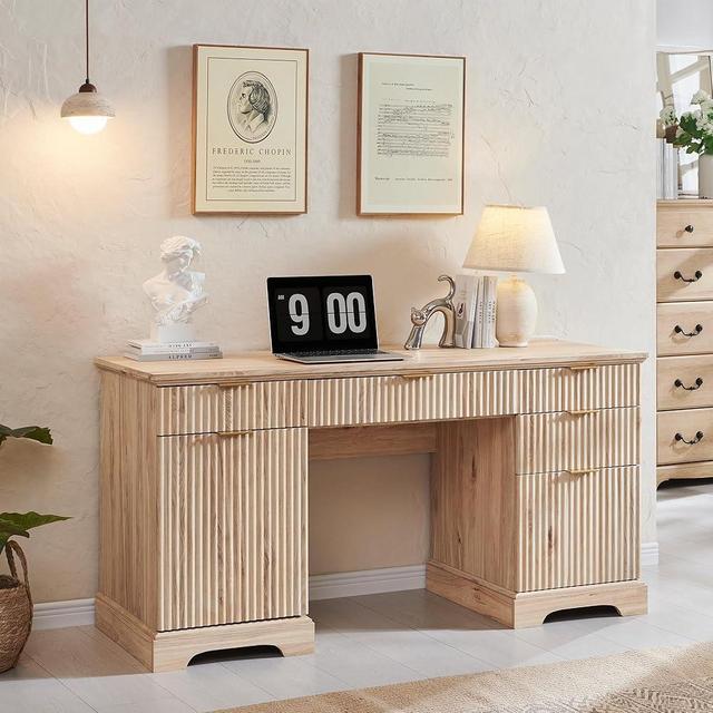 JXQTLINGMU 58" Modern Executive Desk with Storage, Wood Home Office Desk with 5 Drawers & 1 Cabinet, Fluted Computer Writing Desk for Study, Living Room, Bedroom, Natural Oak