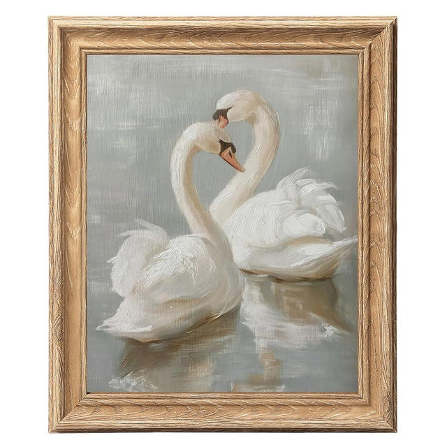 ASTRDECOR Vintage Swans Framed Wall Art, Grace Swan Canvas Oil Painting with Rustic Wood-Look Frame, Small Elegant Home Décor or Gift for Nursery, Bathroom, or Office, 9x12inch