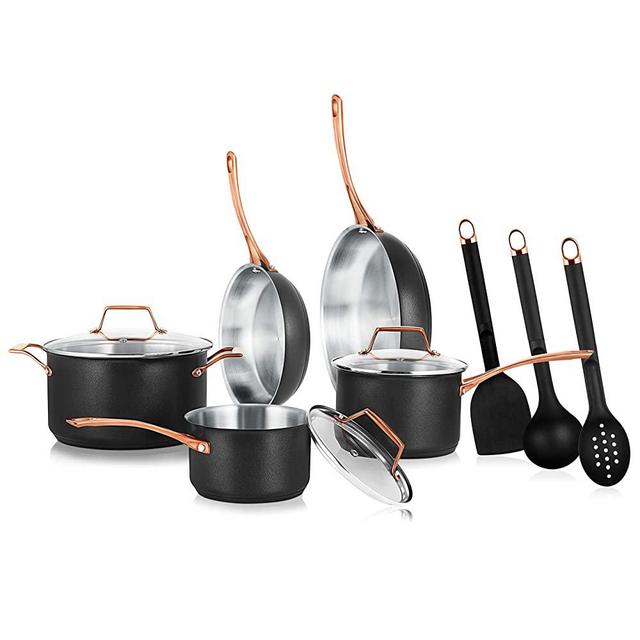 NutriChef 11 Pcs. Stylish Kitchen Set w/Modern Cookware Design Non-stick Kitchenware Pots & Pans, Small & Medium Skillet Fry Pans w/Golden Handles, NCONYX