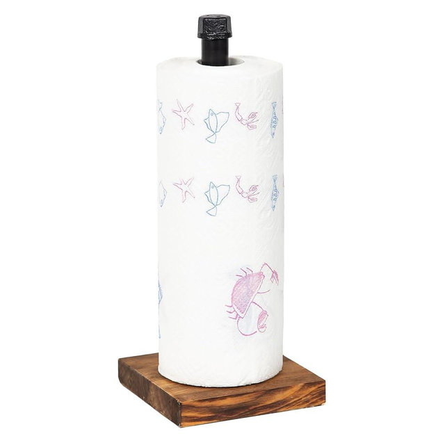 Rustic Industrial Iron Pipe Design Paper Towel Holder with Solid Wood Base Farmhouse Paper Towel Roll Dispenser for Kitchen Bathroom Livingroom Office (Dark Brown)