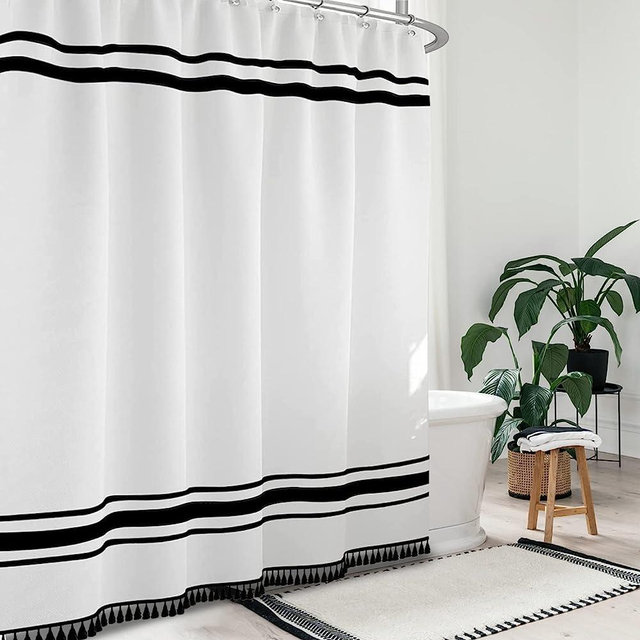 Seasonwood Black and White Shower Curtain Farmhouse Shower Curtain Striped Shower Curtain for Bathroom Sets Boho Shower Curtain with Tassels Modern Bathroom Curtains Decor Waterproof Fabric 72"x72"