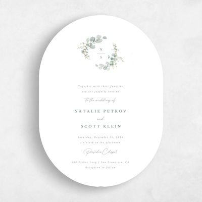White Oval Wedding Invitation - Verde Wreath