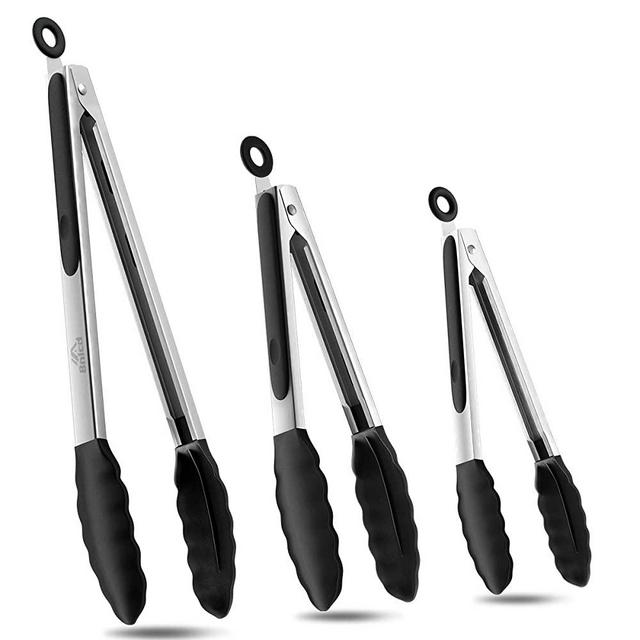 Bnlcd Kitchen Tongs, Premium Stainless Steel Locking Cooking Tongs with Silicone Tips, Non-Slip Food Tongs for Cooking, Heavy Duty, Non-Stick, 480℉, Set of 3-7" 9" and 12"