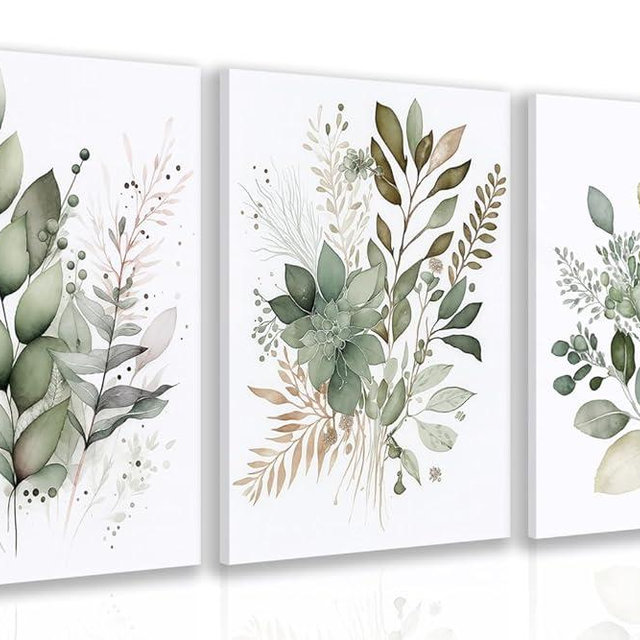 LLEEMPI Framed Sage Green Wall Art Set of 3, Modern Watercolor Botanical Wall Decor, Eucalyptus Leaf Canvas Painting, Classic Minimalist Florals Poster Print for Bedroom Bathroom Office 16x24 Inch