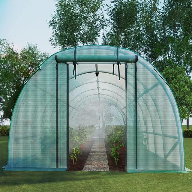 AMERLIFE 20x10x7 Large Walk-in Tunnel Greenhouse Zipper Mesh Door with Automatic Watering System 5 Sprinklers 12 Mesh Windows 7 Crossbars Hot House 4 Frame Ropes & Ground Staples PE Cover