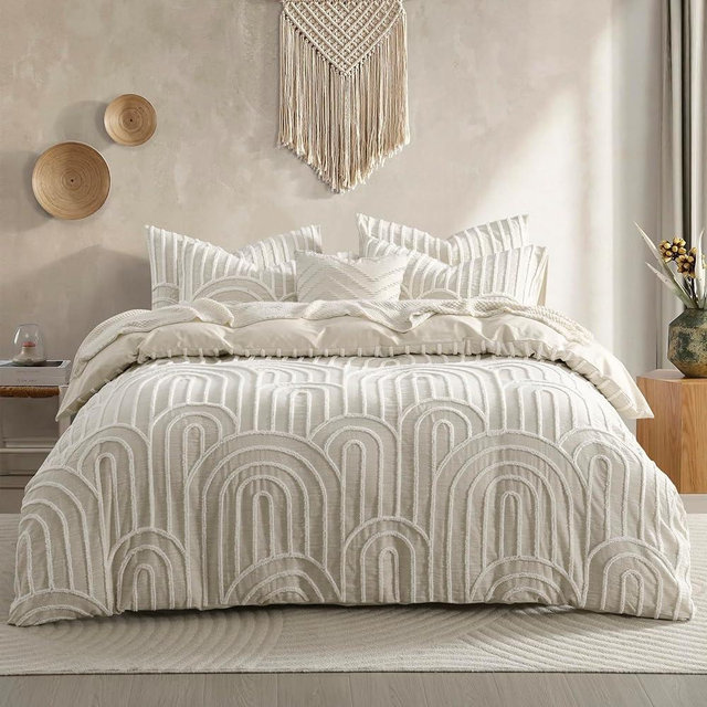 MASINISS Exclusively Linen Textured Cotton Boho Duvet Cover Queen Set, Premium Natural Cotton Fabric (No Cheap Polyester/Microfiber Fabric), Environmental and Recycable Chenille Tufting, Queen Set