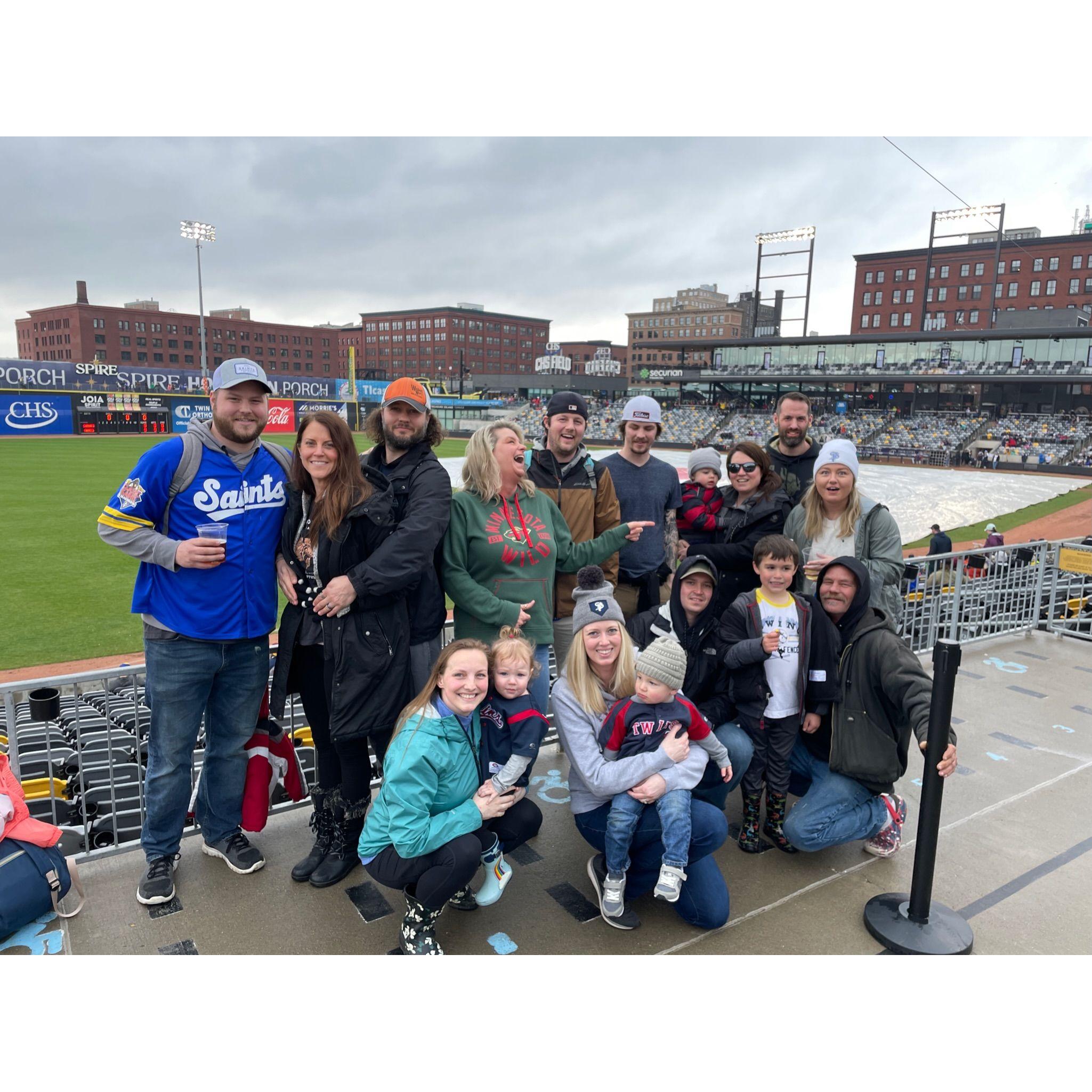 Saints game April 2022 with Aubrey's family finding out about Etta and Brynn!