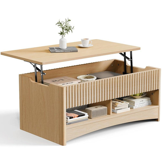 Amada Coffee Table Fluted Lift Top, 35.2" Wood Table with Storage Shelf & Hidden Compartment, Modern Rectangle Center Table for Living Room, Sturdy & Multi-Functional, Holds Up to 220LBS, Natural Oak