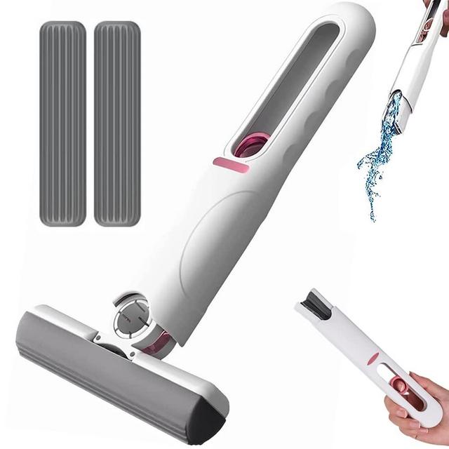 Portable Self-Squeeze Short Mop, Mini Lazy Hand Wash-Free Strong Absorbent Mop, Wet and Dry Use, Floor Cleaning System for Bathroom Kitchens Tableware Desktop Glass (2 Cotton Head + 1 Squeeze Handle)