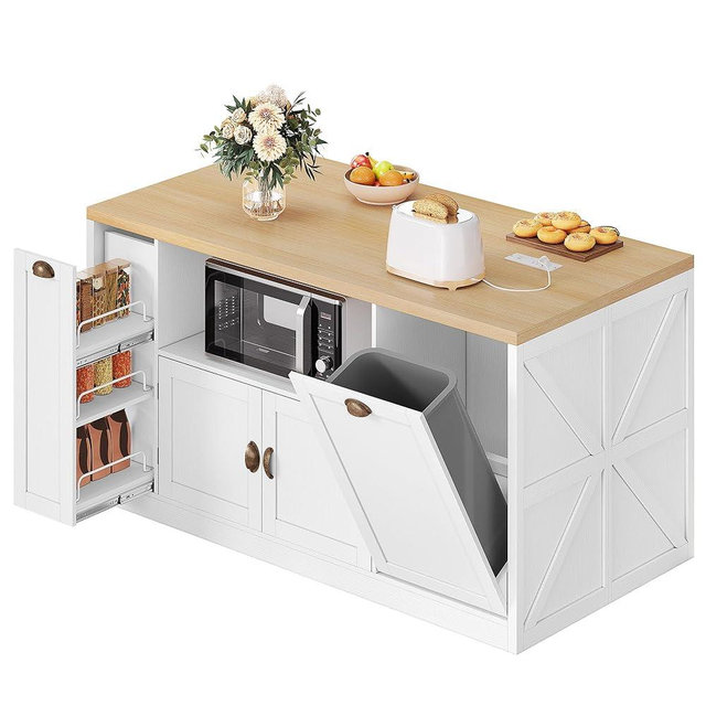 Homiflex Kitchen Island with Storage, 63" W Large Island Table with Trash Can, Farmhouse Kitchen Islands with Power Outlet/LED, Rolling Cart with Spice Rack for Dining Room, White