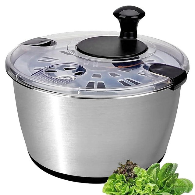 SveBake Stainless Steel Salad Spinner, 6.34Qt Large Lettuce Dryer, BPA-Free Vegetable & Fruit Washer with Drain, Easy Clean, Non-Slip Base, Transparent Lid