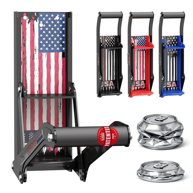 KANBOL Manual Can Crusher, Wall Mounted Can Crusher for 12 oz & 16 oz Aluminum Cans, Heavy Duty Metal Can Smasher for Recycling, US Flag Sticker Design-BLACK