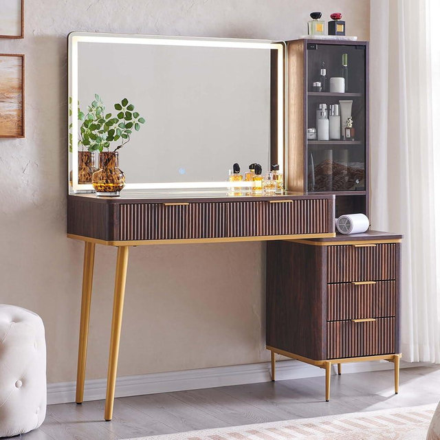 T4TREAM Fluted Makeup Vanity Desk with 36" HD Lighted Mirror, 48" Big Modern Vanity Desk with Mirror and Lights, Dressing Table with 5 Drawers & Shelves, Glass Top for Bedroom, Dark Walnut