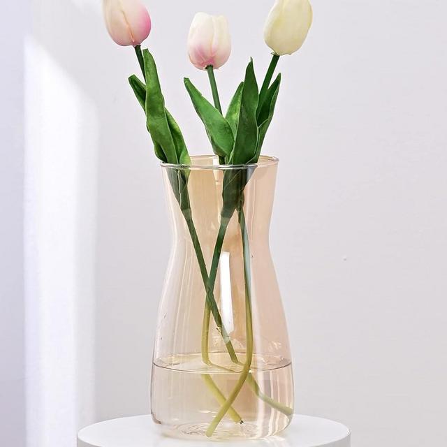 Glass Vases for Flowers, 8" Tall Ins Modern Irised Crystal Clear Glass Vases for Centerpieces Home Desk Decoration, Decorative Iridescent Glass Table Vase for Birthday Wedding Housewarming Gift-Amber