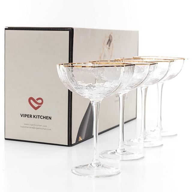 VKIT Champagne Coupe Glasses Set of 4 - Cocktail Glassware with Art Deco Gold Rim for Vintage Martini, Manhattan, or Daiquiri - Speakeasy Style Glass 5 oz