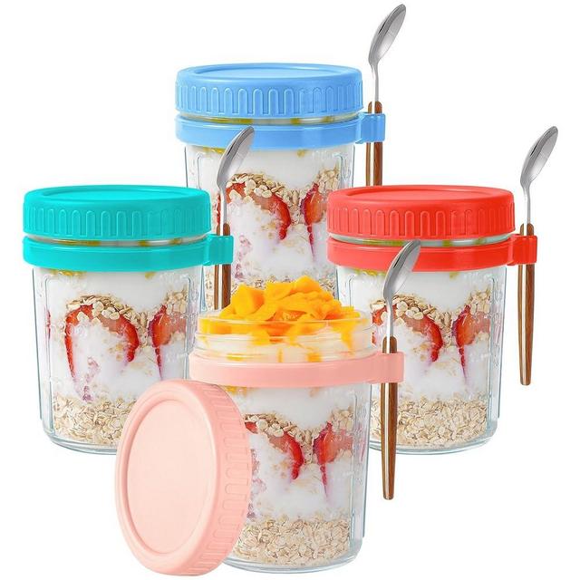 Mason Jars for Overnight Oats: 4 Pack Overnight Oats Containers with Lids and Spoons - 16 oz Glass Food Storage Containers for Milk, Cereal, Fruit - Oatmeal Jars/Canning Jars/Food Jars & Canisters