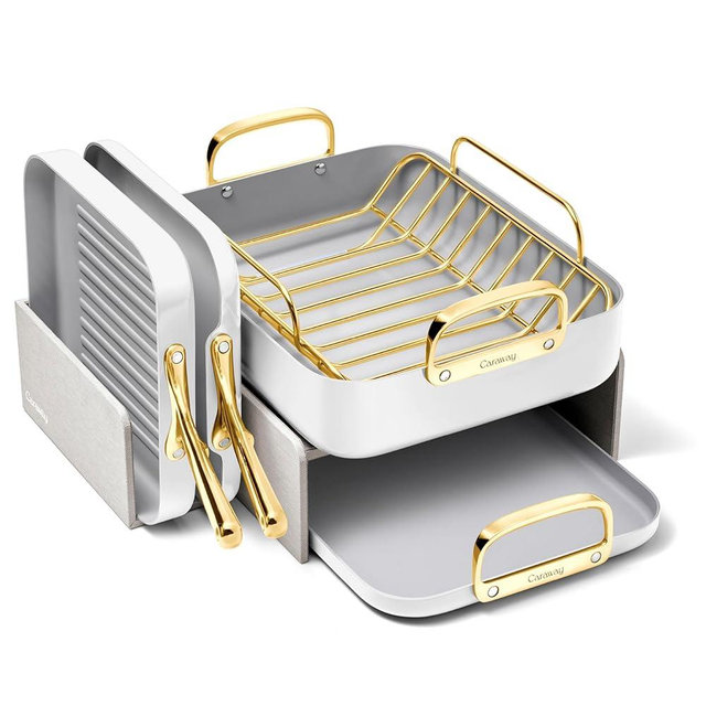 Caraway Squareware Set - Square Pans Set - Perfect for Griddling, Toasting, Searing, Roasting, and More - Non-Stick Ceramic Coated Pans - Non Toxic, PTFE & PFOA Free - White