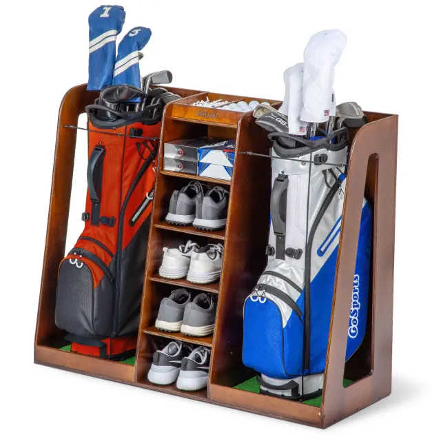 GoSports Premium Wooden Double Golf Bag Organizer and Storage Rack - Brown
