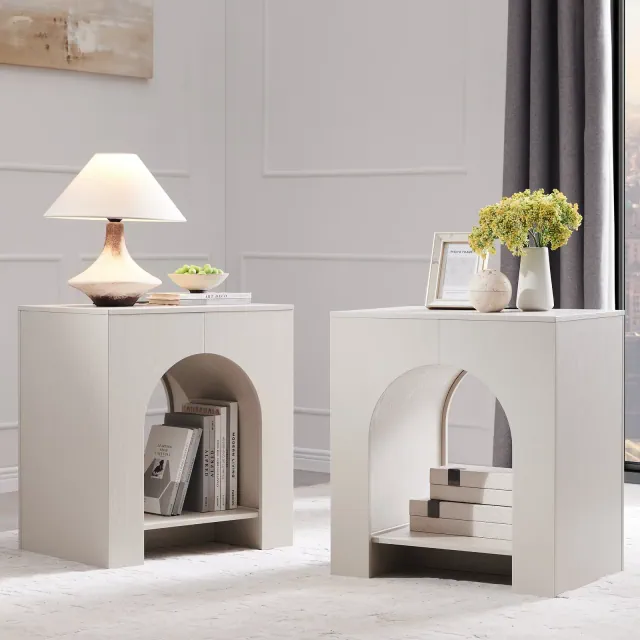 Nightstand Set of 2 with Charging Station, 22" Modern Night Stand with Arched Open Shelf, End Tables for Living Room Bedroom, Cream White