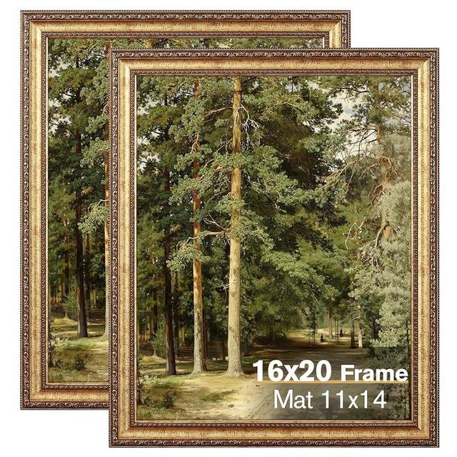 Splinterix 16x20 Gold Picture Frame, 2 Pack Ornate Vintage Picture Frames for Wall or Tabletop Display, 16x20 Photo Frame Gold with Plexialass, Display Poster 11x14 with Mat or 16x20 without Mat for Antique Déco