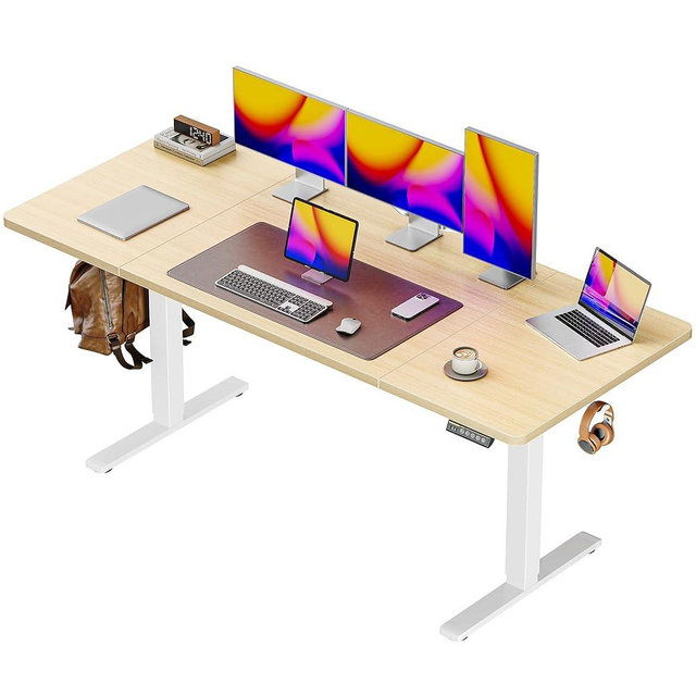 Huuger 63 x 28 Large Electric Standing Desk, Height Adjustable Computer Desk, 27.6" Deep Desktop, Stand up Gaming Office Table with 2 Hooks, 3 Preset Heights, for Home Office, Maple