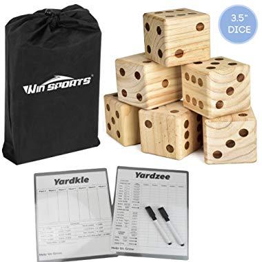 Win SPORTS Giant Wooden Lawn Game丨Yard Dice Set with 6 Dice,2 Dry Erase Yardkle Yardzee with 2 Marker Pens and Carrying Bag(3.5" Dice)