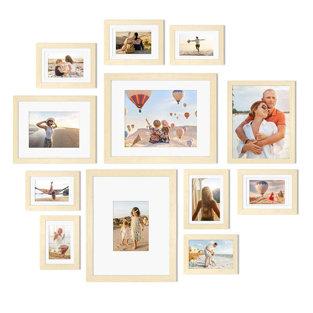 Egofine Picture Frame Set 12 Pack, Picture Frames Collage Wall Decor with Two 11x14, Two 8x10, Four 5x7, Four 4x6 for Wall and Tabletop, Made of Solid Wood, Covered by Plexiglass, Natural Wood